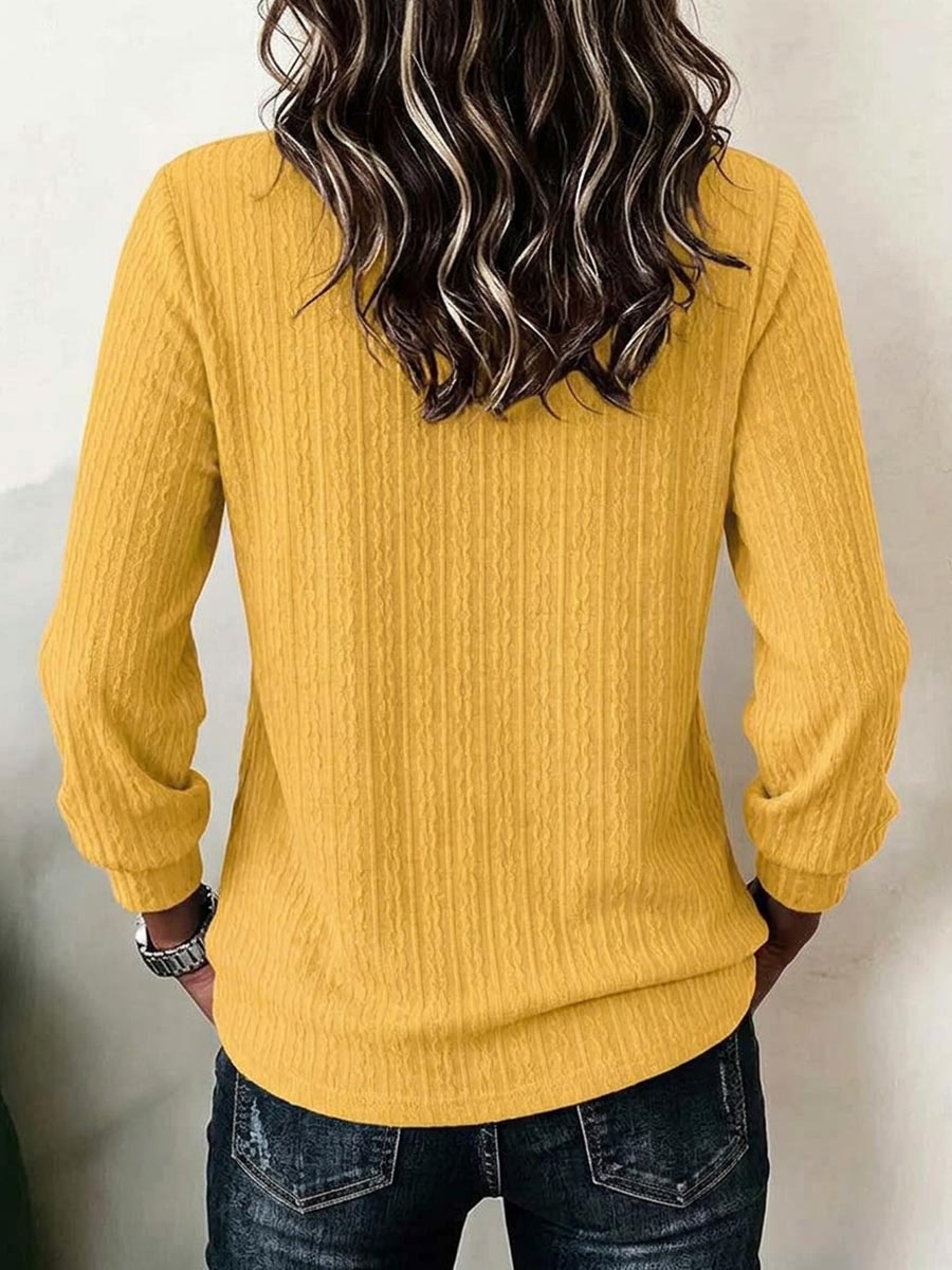 Textured Henley V-Neck Long Sleeve Blouse