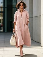 Elegant Quarter-zip High Collar Oversized Knit Midi Dress