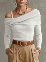 Women's Solid Color Asymmetric Pleated Off-shoulder Long-sleeve Loose Casual Knit Top