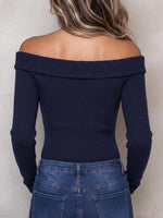 Navy Blue Off-The-Shoulder Button Detail Ribbed Sweater