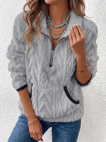 Half Zip Stand Collar Cable Fleece Long Sleeve Top