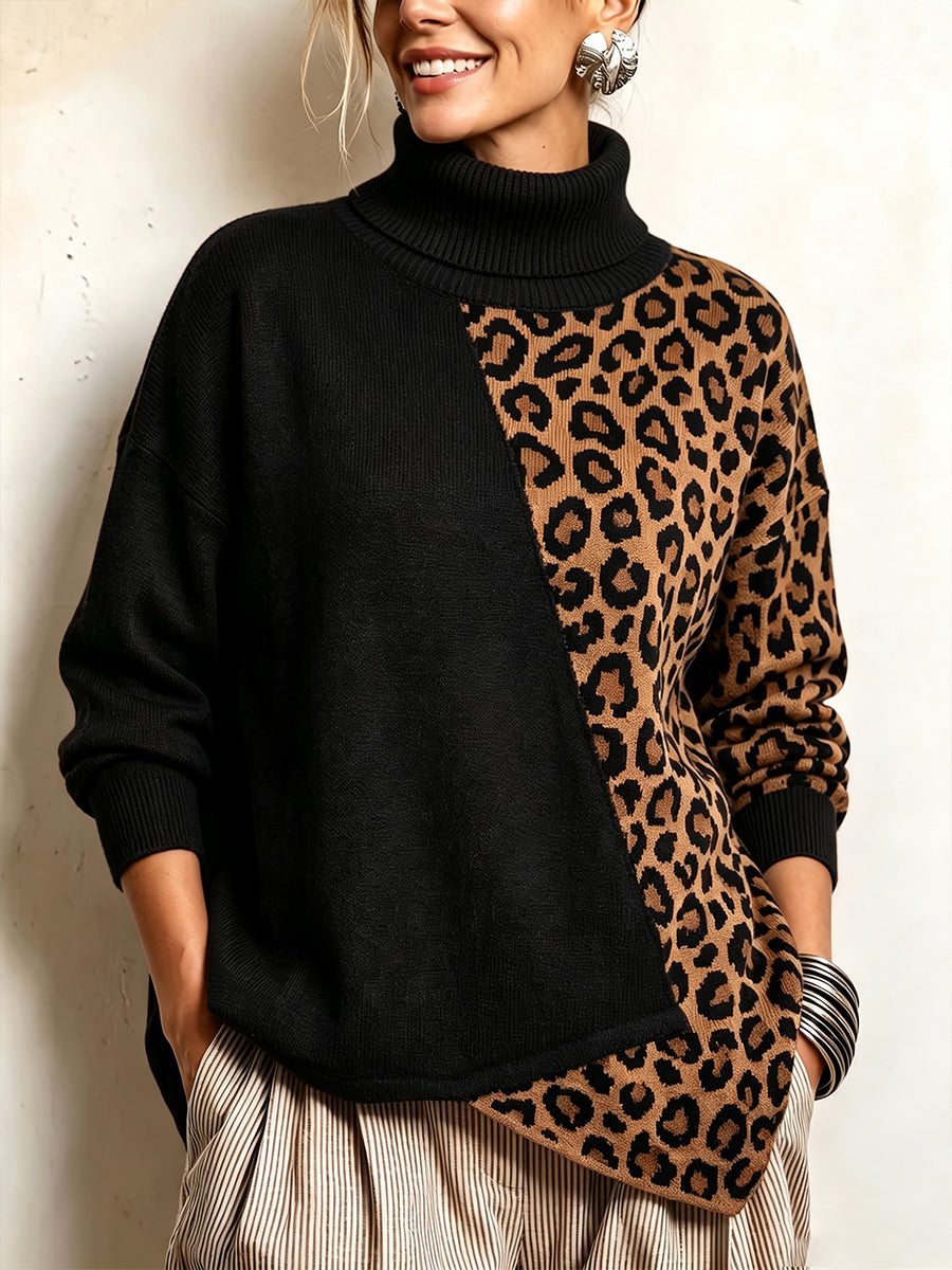 Cozy Leopard Colorblock Turtleneck Knit Sweater