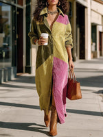Casual Color-block Corduroy Long Shirt Dress