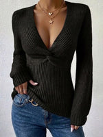 Long-sleeve Fitted Knit Top With A Twisted Deep-v Neckline