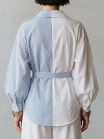 Women's Color-block Striped Print Shirt – Long-sleeve Relaxed Fit Lapel Collar, And Self-tie Waist