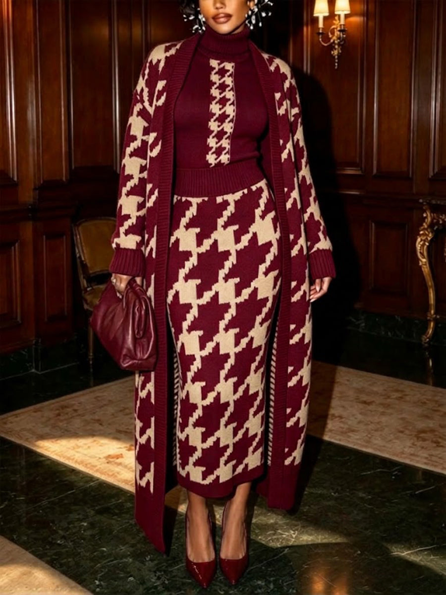 Elegant Burgundy Houndstooth Long Knit Cardigan