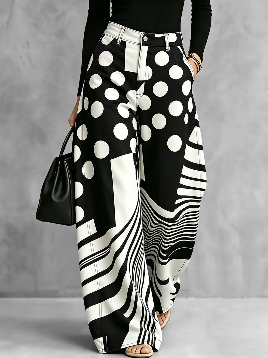 Chic Polka Dot & Striped Wide-Leg Denim Pants