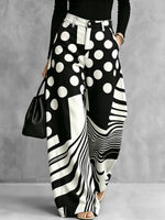 Chic Polka Dot & Striped Wide-Leg Denim Pants