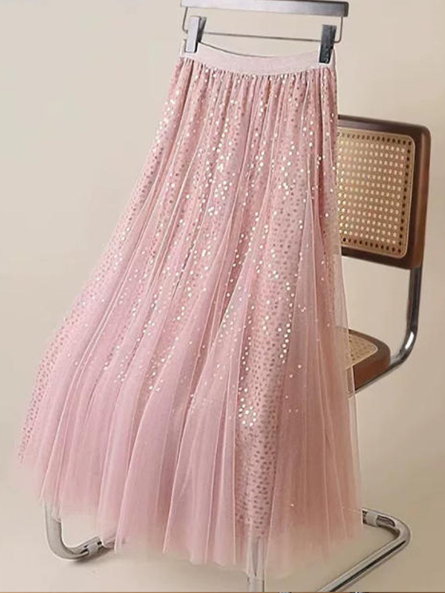 Glamorous And Elegant Sequin Tulle Midi Skirt With A Stretchy Elastic Waistband.