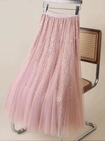 Glamorous And Elegant Sequin Tulle Midi Skirt With A Stretchy Elastic Waistband.
