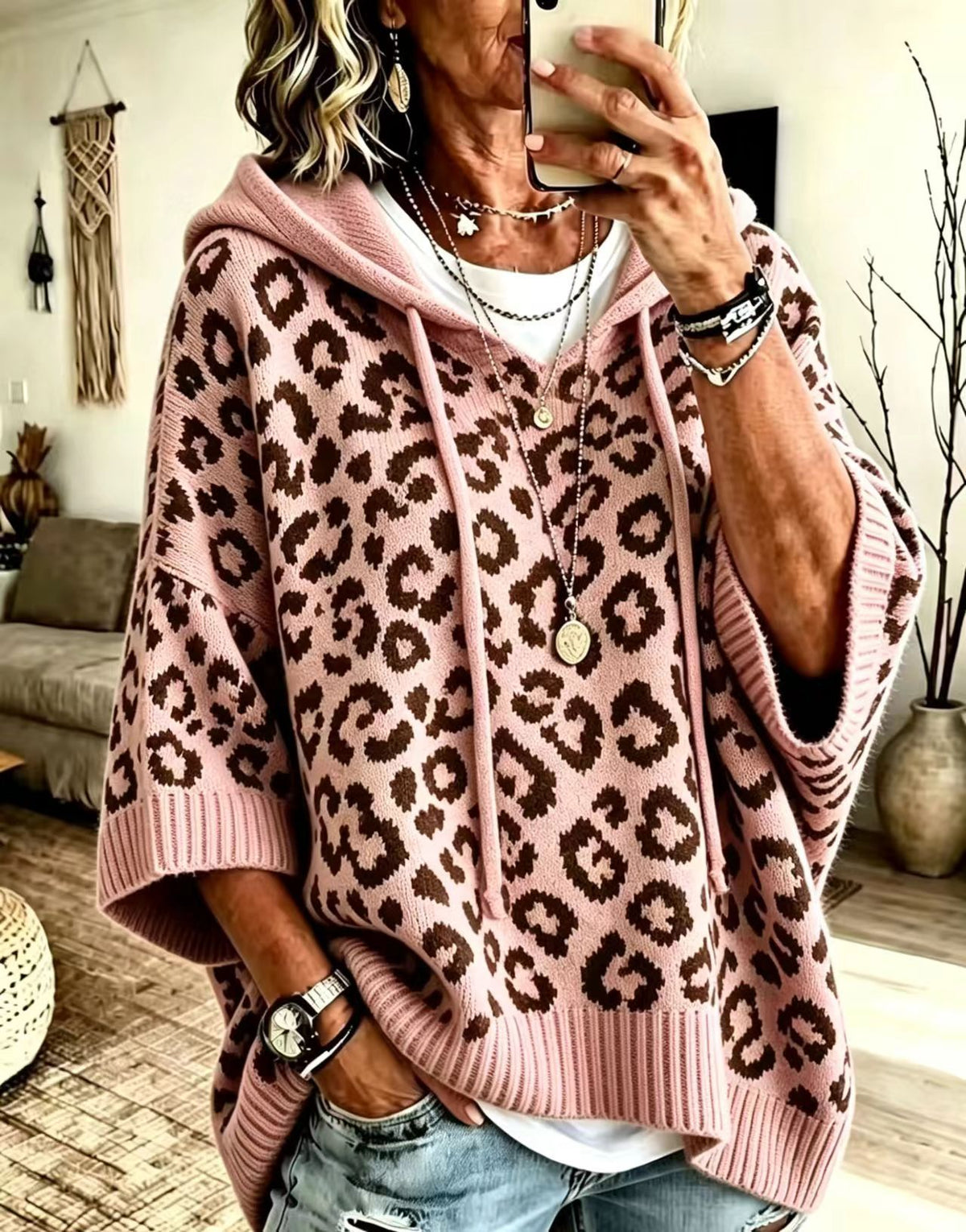 Comfortable And Casual Leopard-print Knitted Hoodie