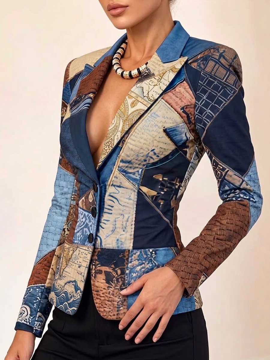 Women's Slim-fit Casual Long-sleeve Jacket With Lapel And Abstract Print