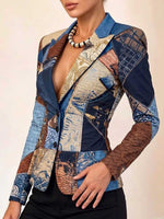 Women's Slim-fit Casual Long-sleeve Jacket With Lapel And Abstract Print
