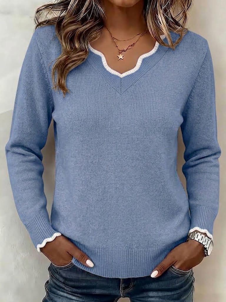Scalloped Trim V-neck Color Block Long Sleeve Knit Sweater