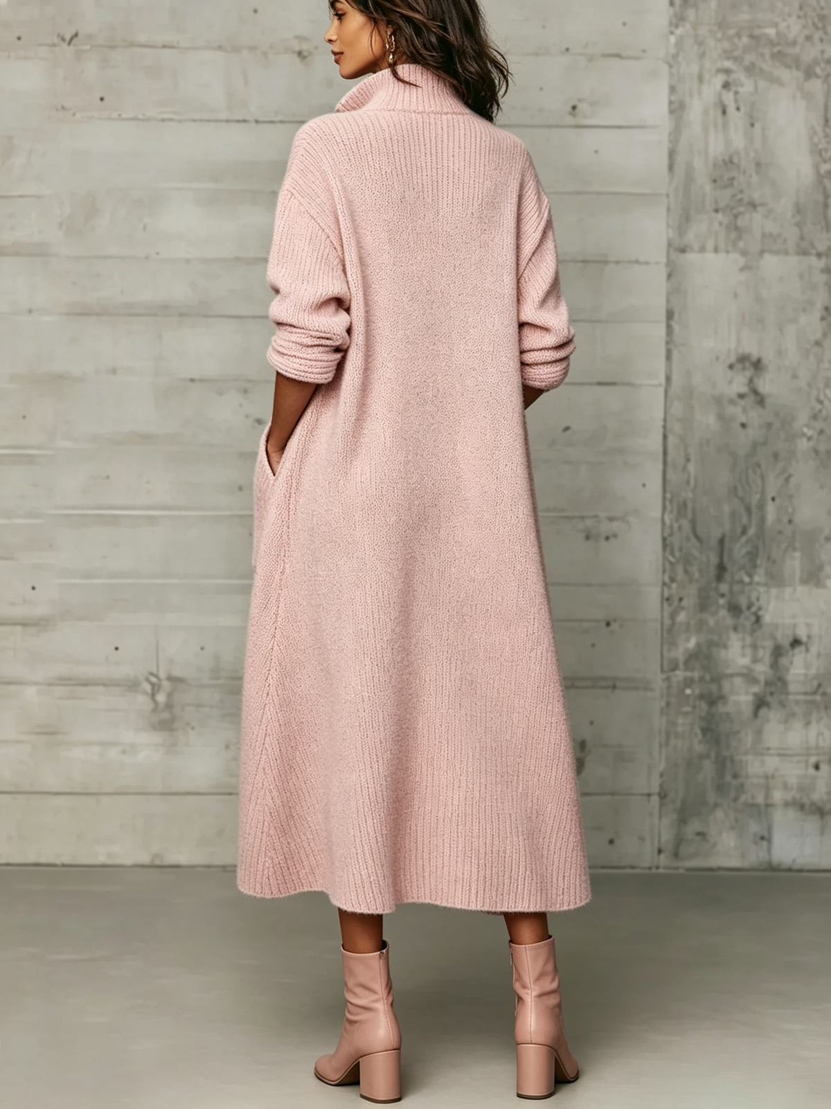 Elegant Quarter-zip High Collar Oversized Knit Midi Dress
