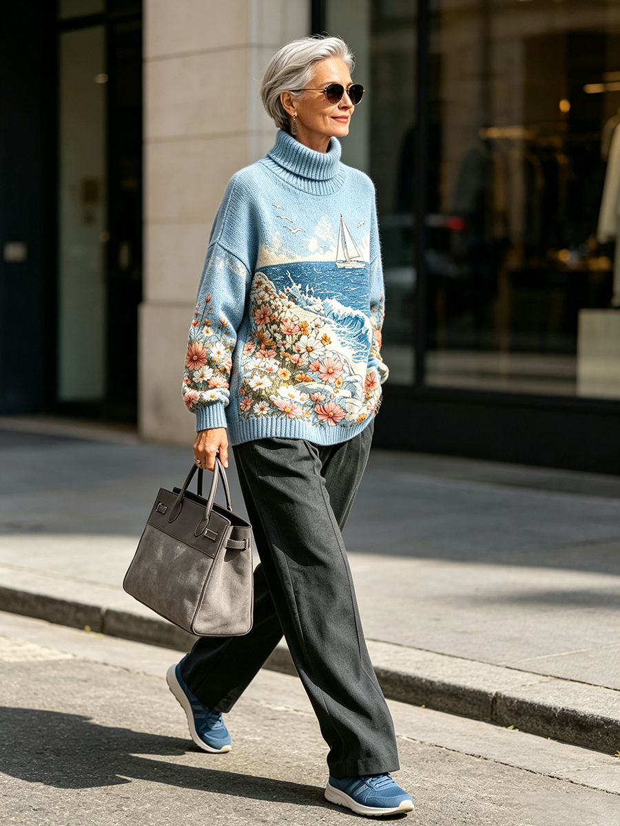 Artistic Coastal Pattern Blue Turtleneck Knit Sweater