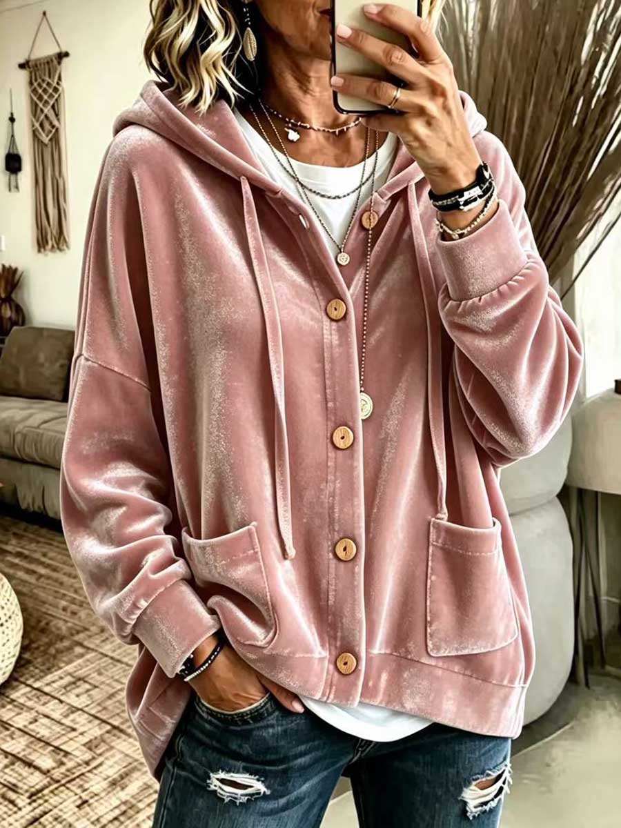 Women's Solid Color V-neck Long-sleeve Casual Loose Hooded Velour Cardigan