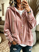 Women's Solid Color V-neck Long-sleeve Casual Loose Hooded Velour Cardigan
