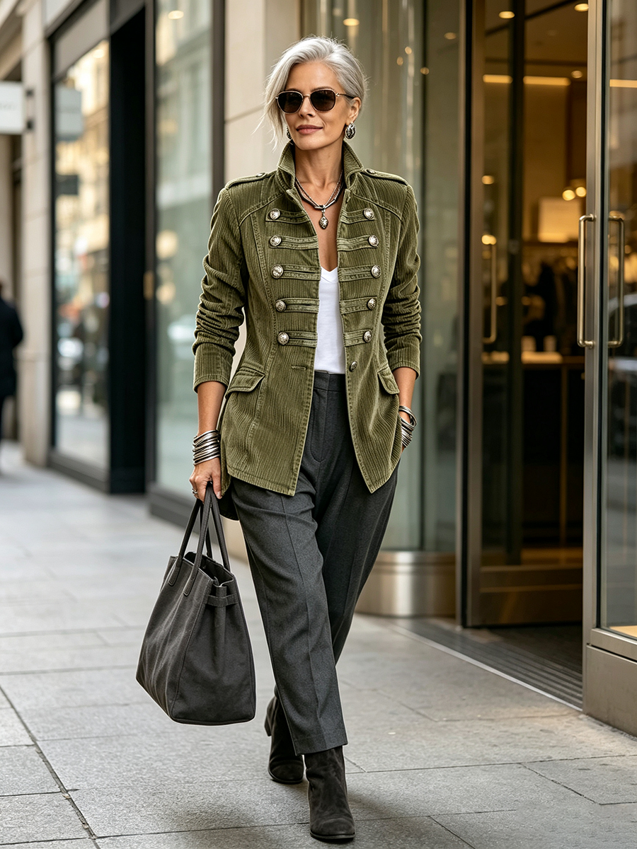 Chic Military-style Olive Green Corduroy Jacket