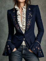 Tailored Navy Blue Blazer with Floral Embroidery and Flared Sleeves
