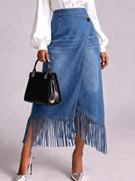 Women's Asymmetrical Wrap Denim Midi Skirt with Fringe Hem