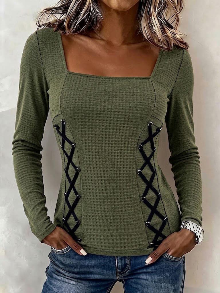 Square-neck Waffle-knit Long-sleeve Top With Side Lace-up And Eyelet Details
