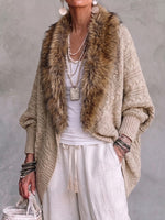 Loose-fit Knitted Batwing-sleeve Cardigan With A Fur Collar