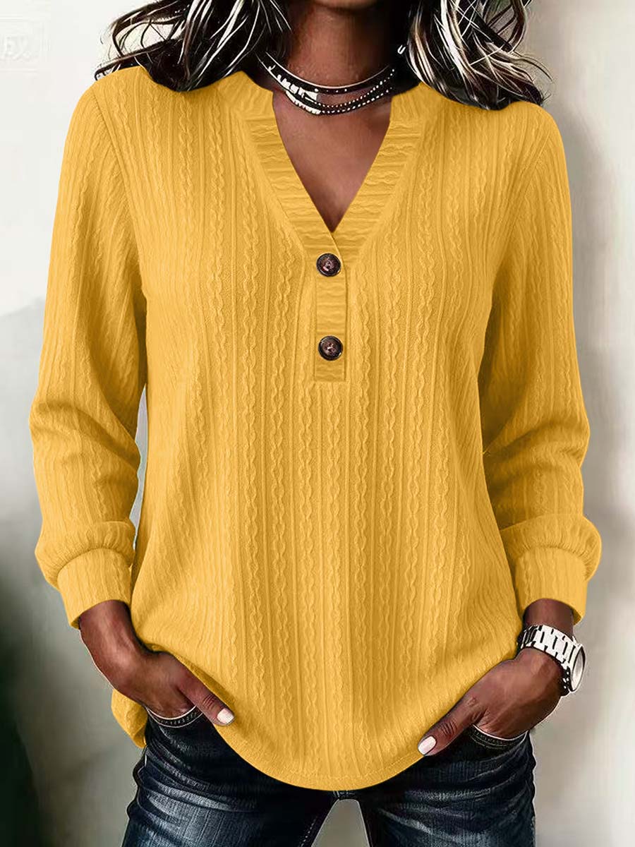 Textured Henley V-Neck Long Sleeve Blouse