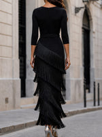 Elegant Tiered-fringe Wrap Midi Dress