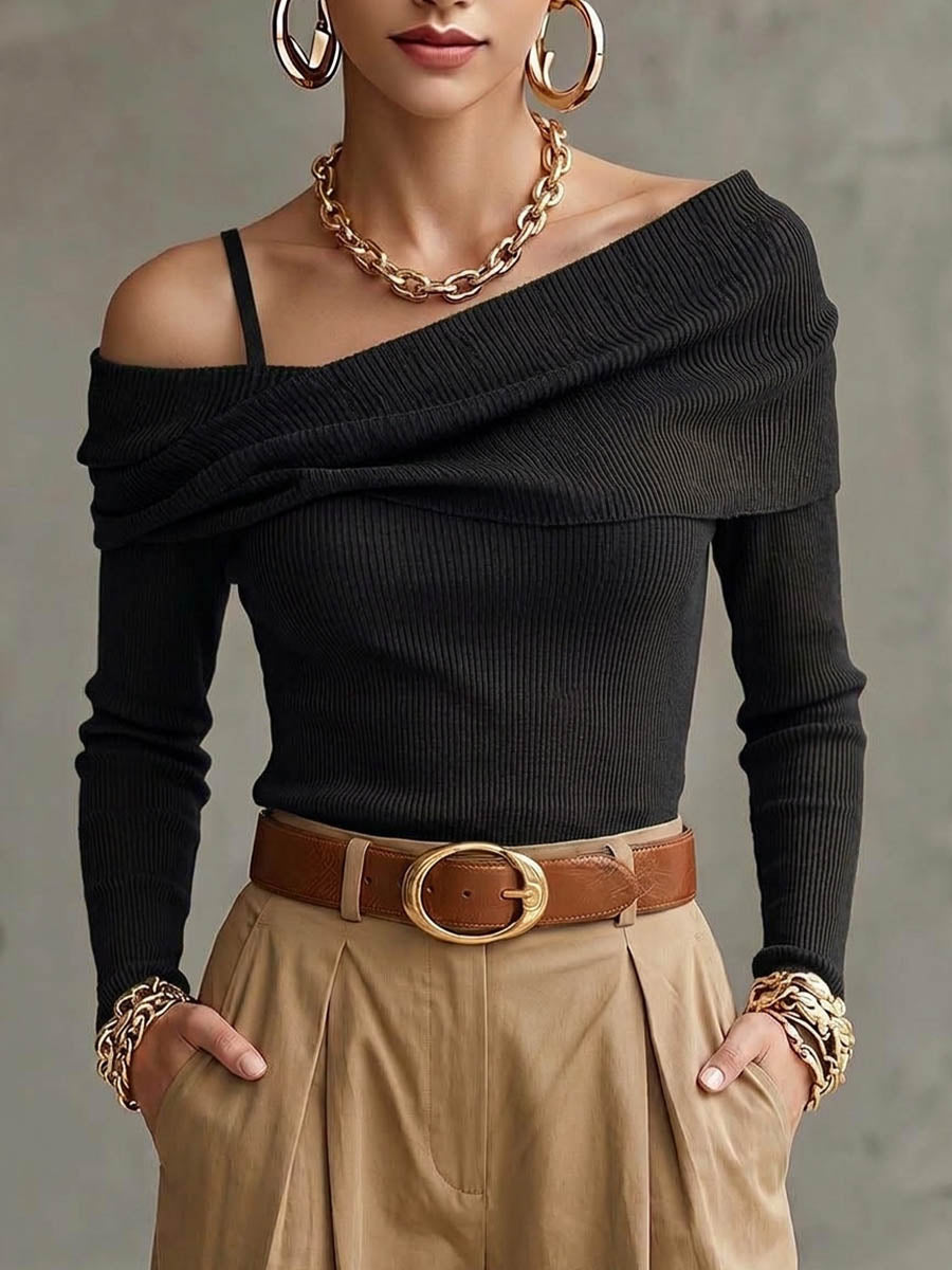 Women's Solid Color Asymmetric Pleated Off-shoulder Long-sleeve Loose Casual Knit Top