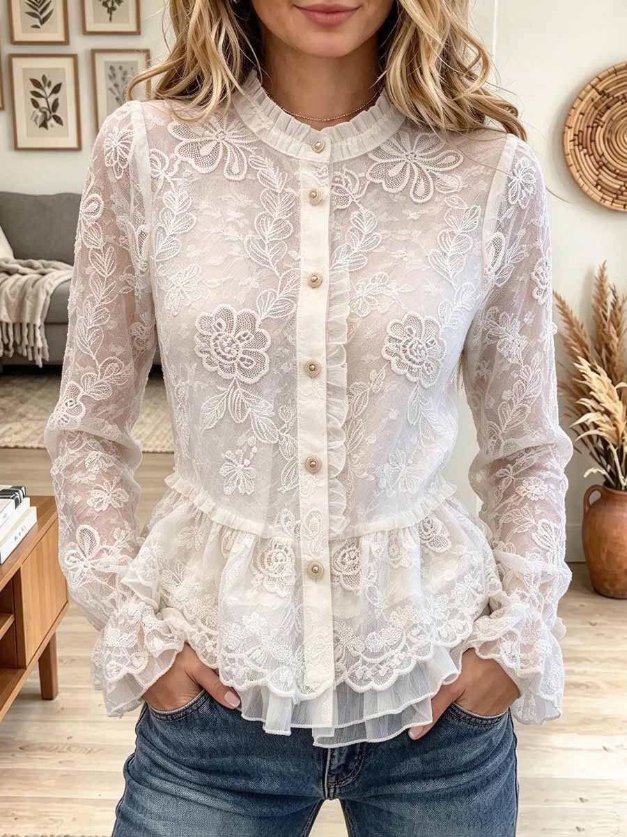 Women's Elegant Floral Lace Sheer Button-Down Peplum Blouse
