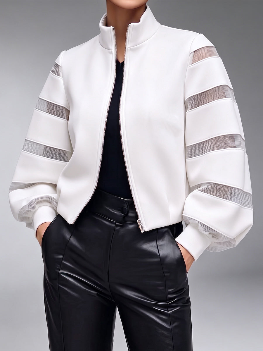 Chic Sheer-Paneled Zip-Up Bomber Jacket