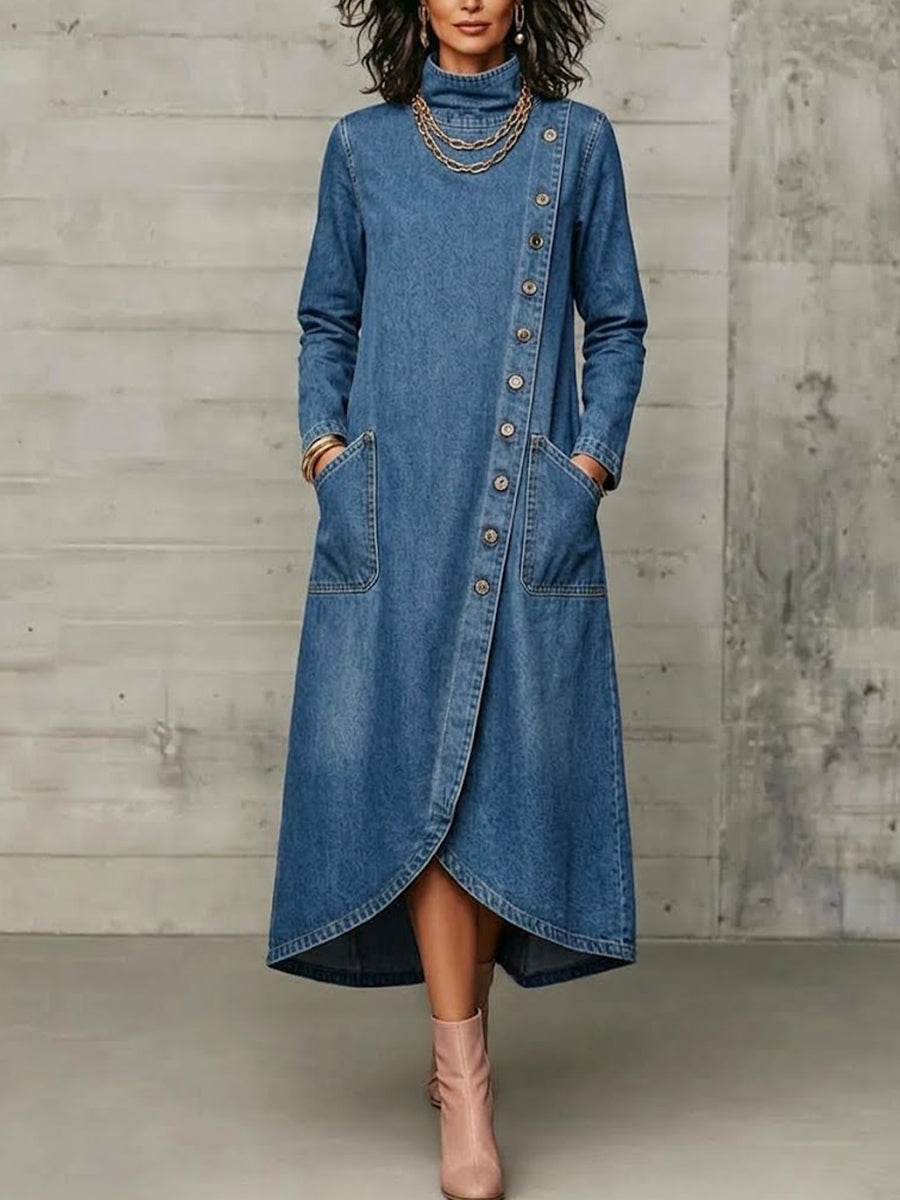 High Neck Diagonal Button Large Pocket Denim Maxi Dress