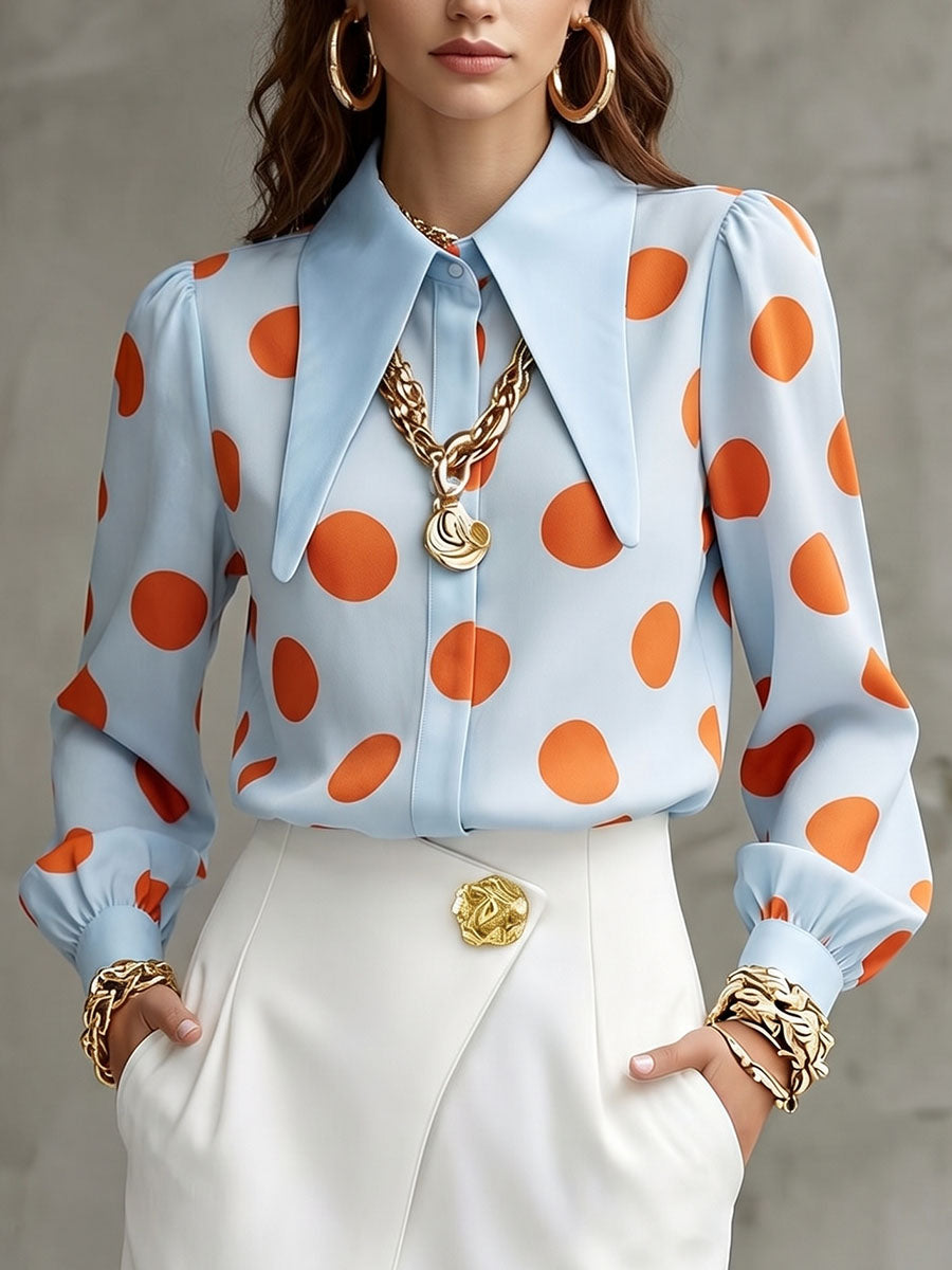 Women's Vintage Lapel Polka-dot Print Loose Casual Shirt