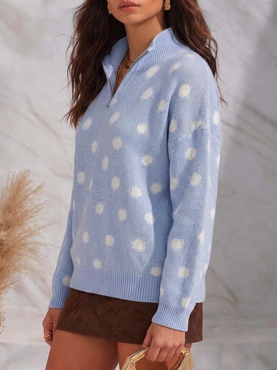 Women's Collared Long-sleeve Casual Loose Polka-dot Knit Pullover