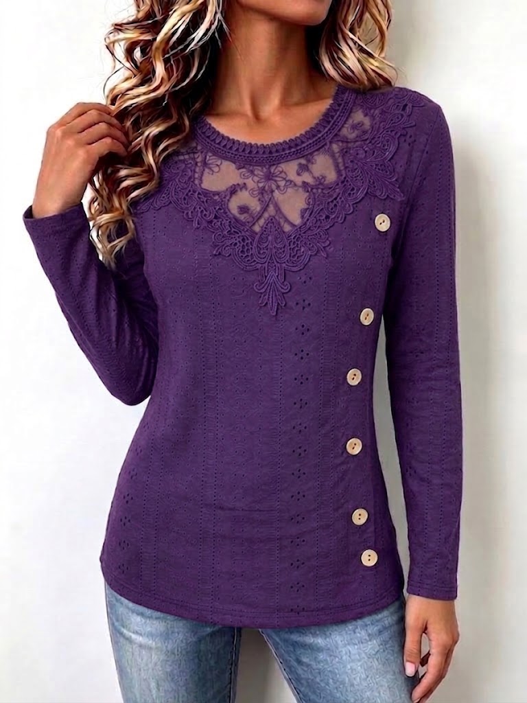 Lace Spliced Eyelet Top With Diagonal Buttons Long Sleeve