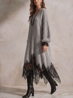 Women's V-neck Long-sleeve Casual Loose-fit Knit Dress With Lace Paneling And Subtle Shimmer