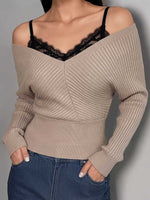 Women's Off-shoulder V-neck Long-sleeve Knit Top With Lace Camisole Overlay Detail