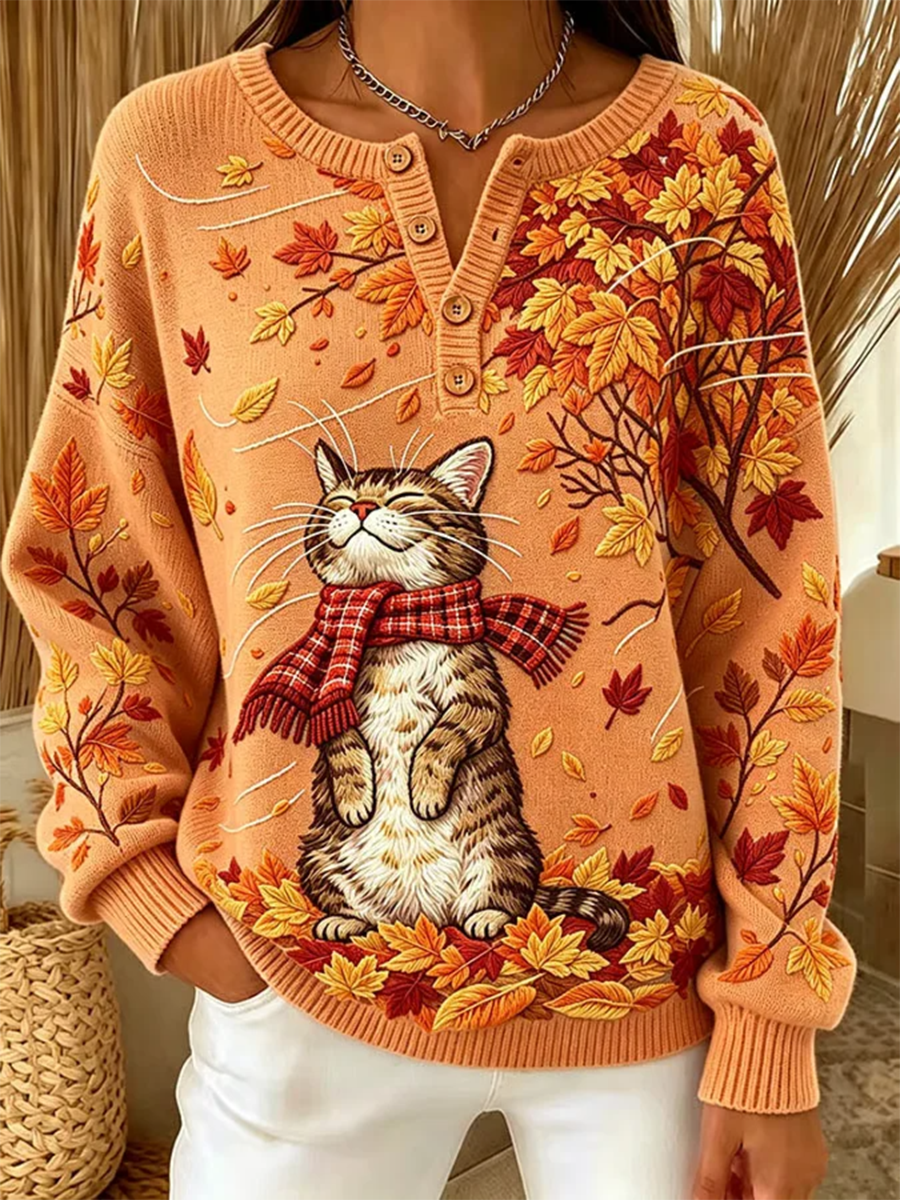 Cozy Autumn Cat Print Knit Sweater