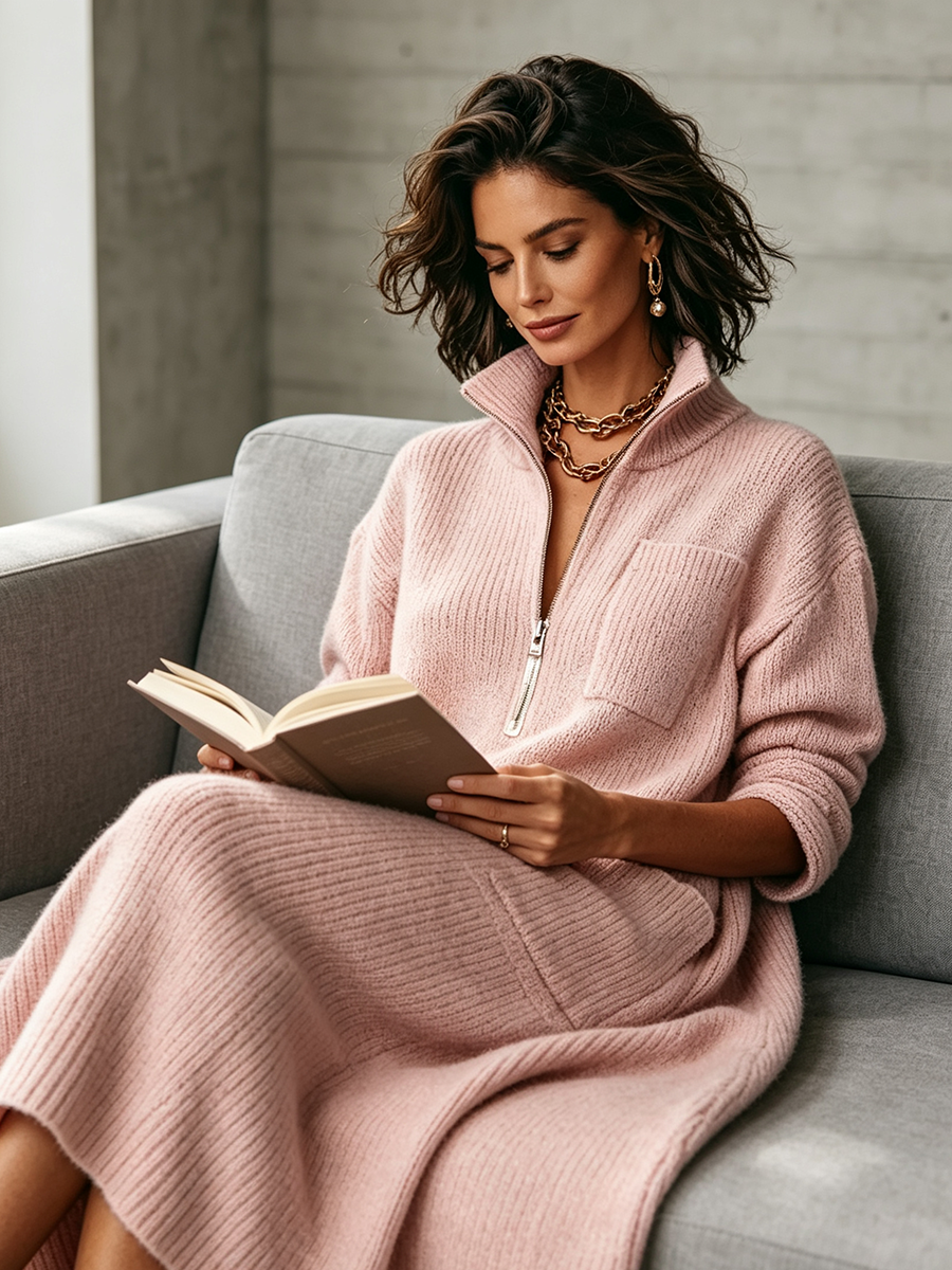 Elegant Quarter-zip High Collar Oversized Knit Midi Dress