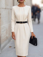 Women's Solid-color Crew Neck Long-sleeve Casual Slim-fit Dress