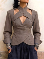 Long-sleeve Houndstooth Shirt With A Waist-cinching Cutout And Crossover Detail