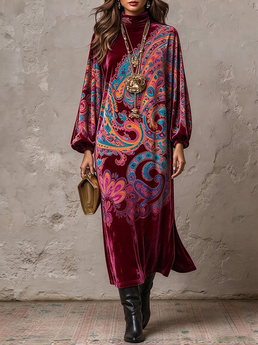 Vintage-style Paisley Print Velvet Midi Dress