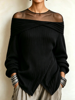 Elegant Sheer Mesh Neckline Black Ribbed Off-shoulder Sweater