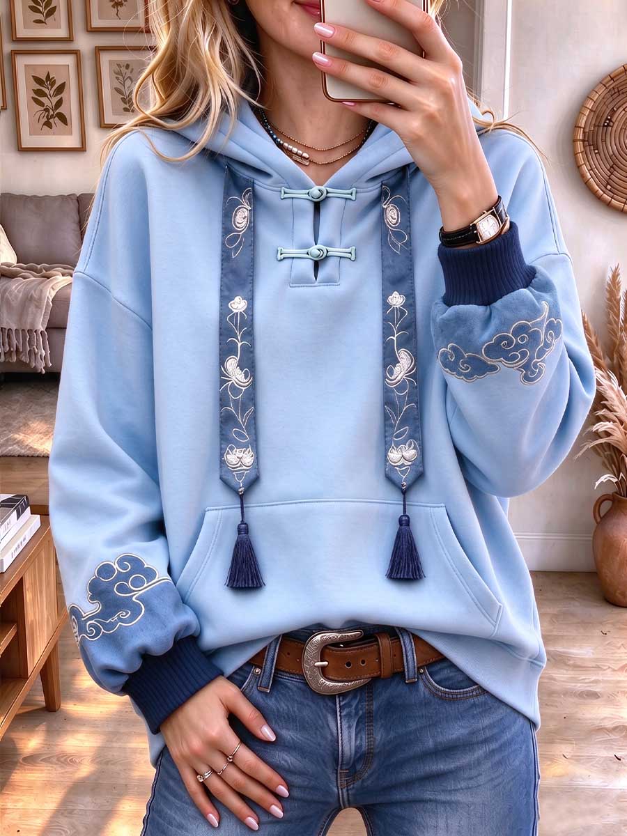 Light Blue Pullover Hoodie With Vintage Embroidery And Tassels