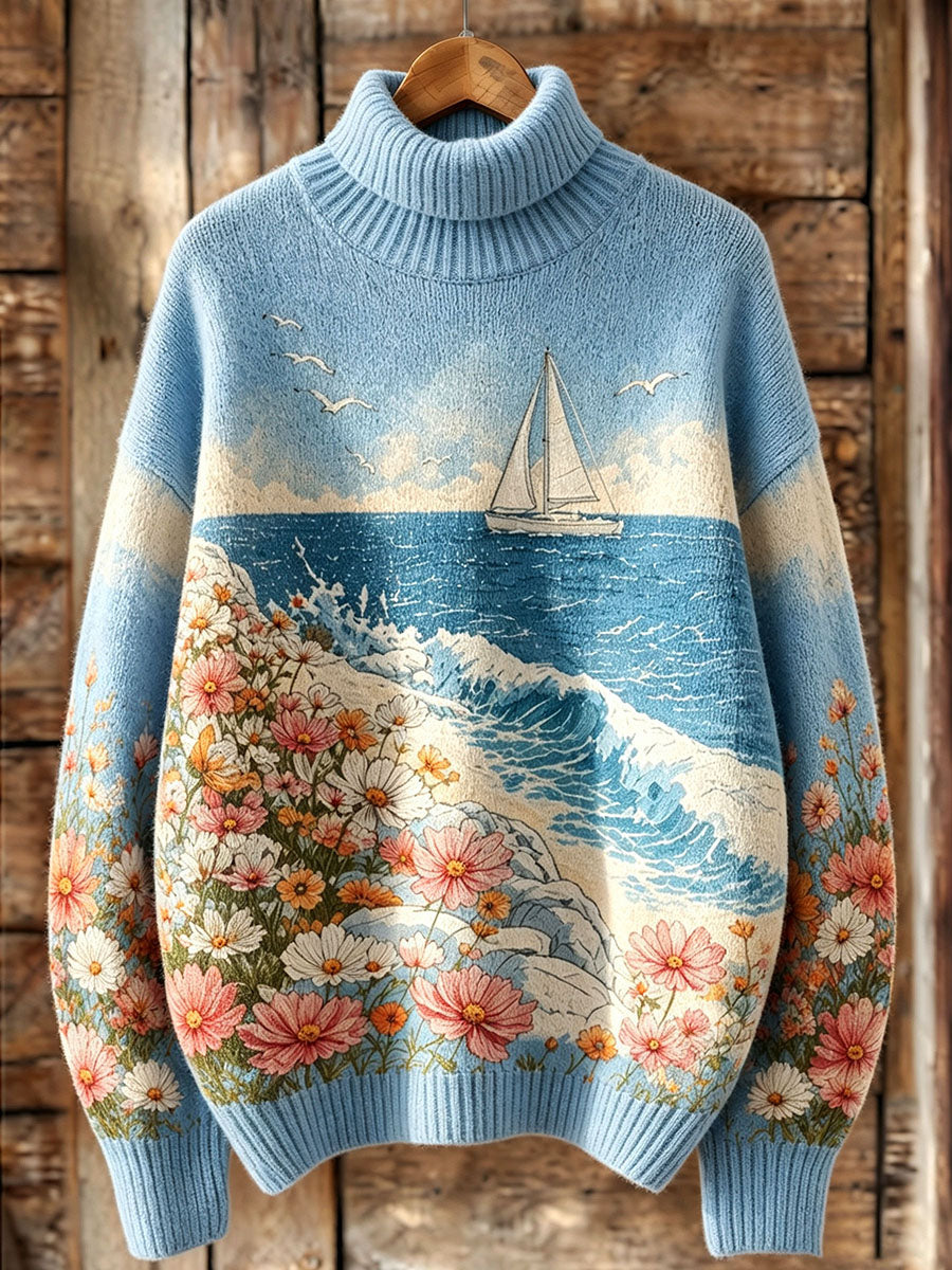 Artistic Coastal Pattern Blue Turtleneck Knit Sweater