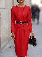 Women's Solid-color Crew Neck Long-sleeve Casual Slim-fit Dress