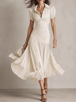 Women's Short-sleeve A-line Dress With Color-block Stripes, Collar, And Waist-cinching Fit