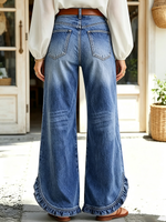 Chic Wide-leg Ruffled Hem Stretch Denim Pants