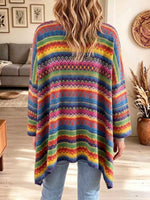 Women's Colorful Geometric Print Crew Neck Long-sleeve Loose-fit Knit Top